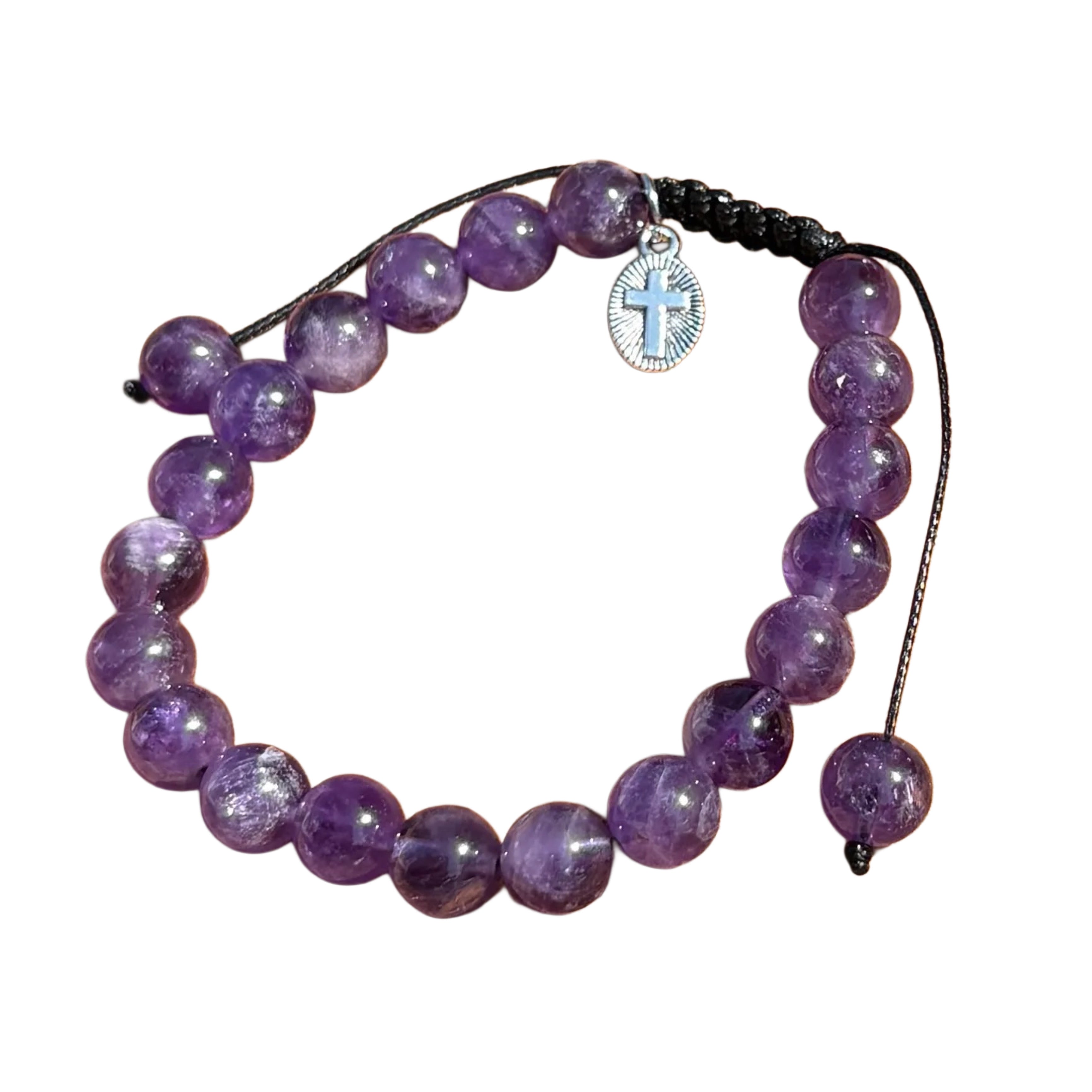 Gemstone - Genuine AMETHYST Bracelet w/ Cross Charm   7"