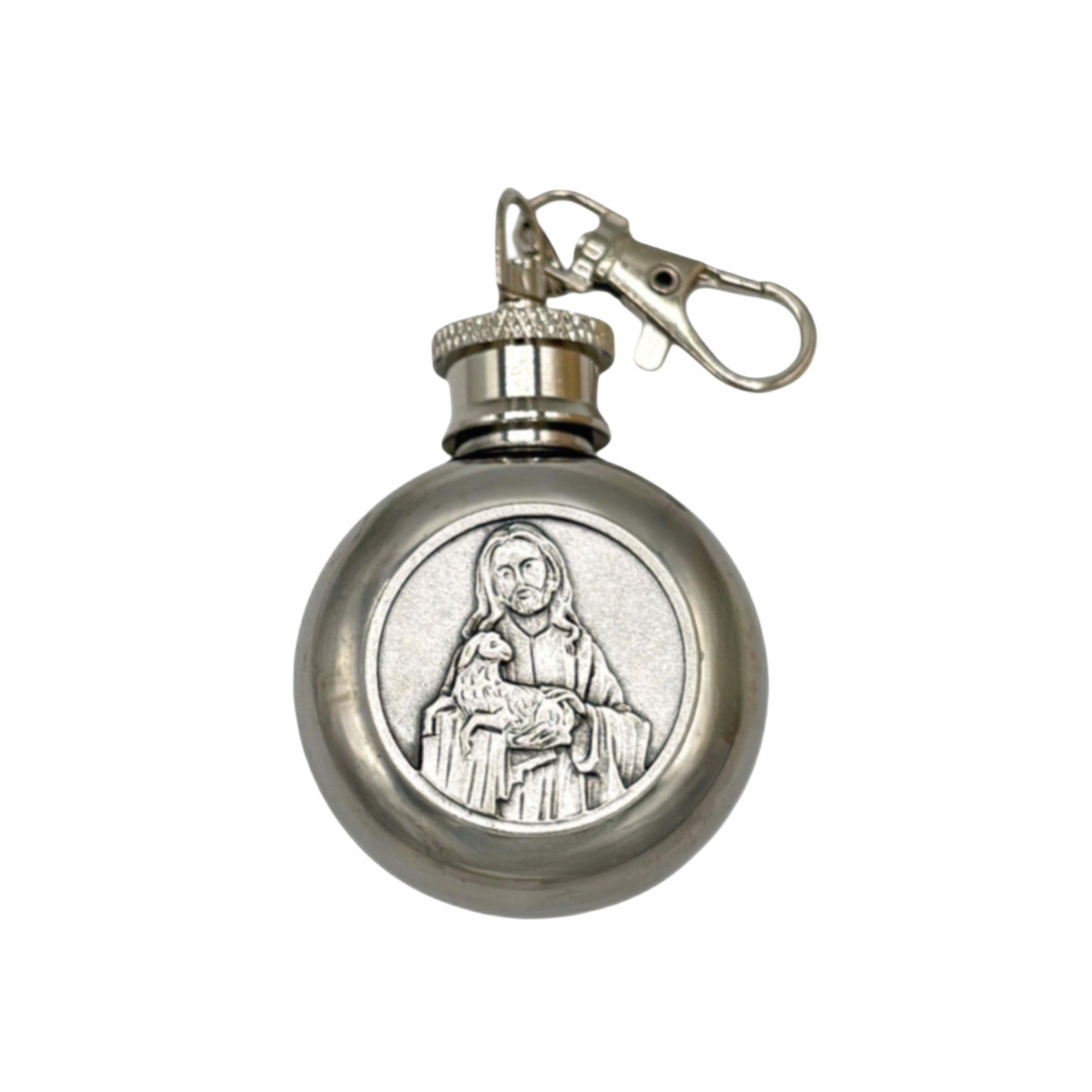 The Good Shepard Holy Water Flask SS Round w/ Keychain   1 oz 