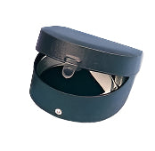 small black D shaped leather case with a snap button on the front, perfectly fitting clergy collar inside. Slightly open to see collar resting snugly inside case. 