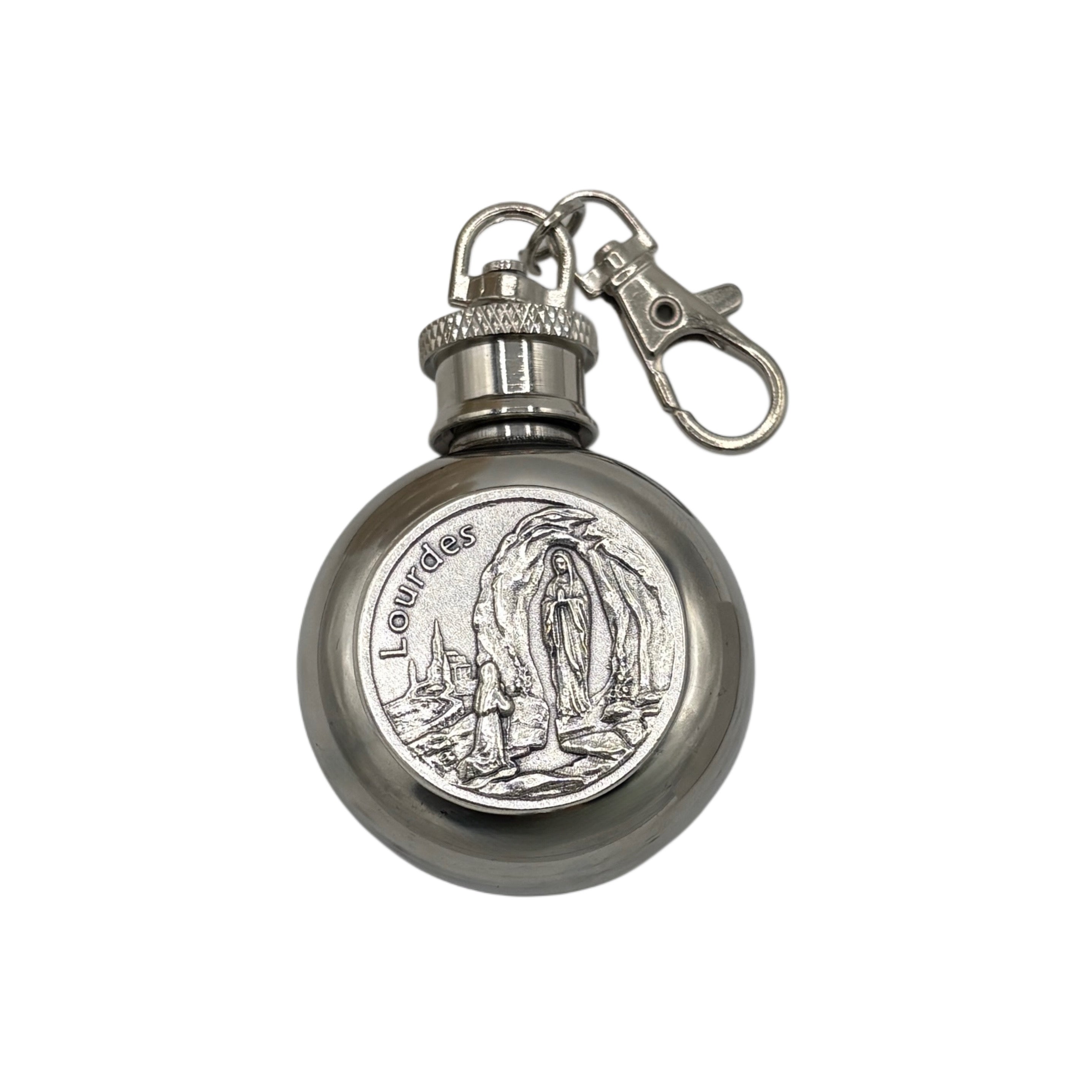 Lady of Lourdes Holy Water Flask SS Round w/ Keychain   1 oz