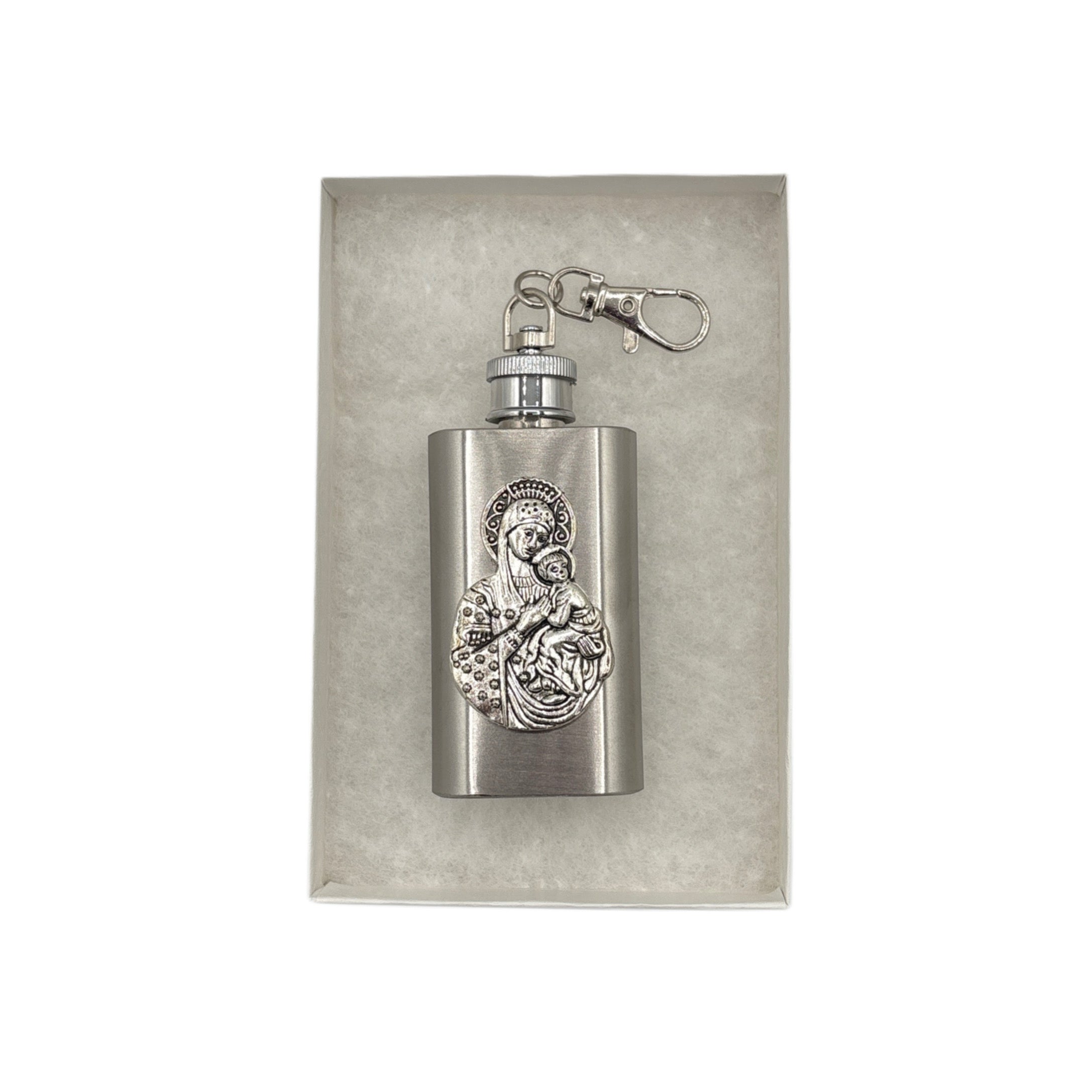 Madonna & Child Holy Water Flask SS Rectangle w/ Chain   2 oz