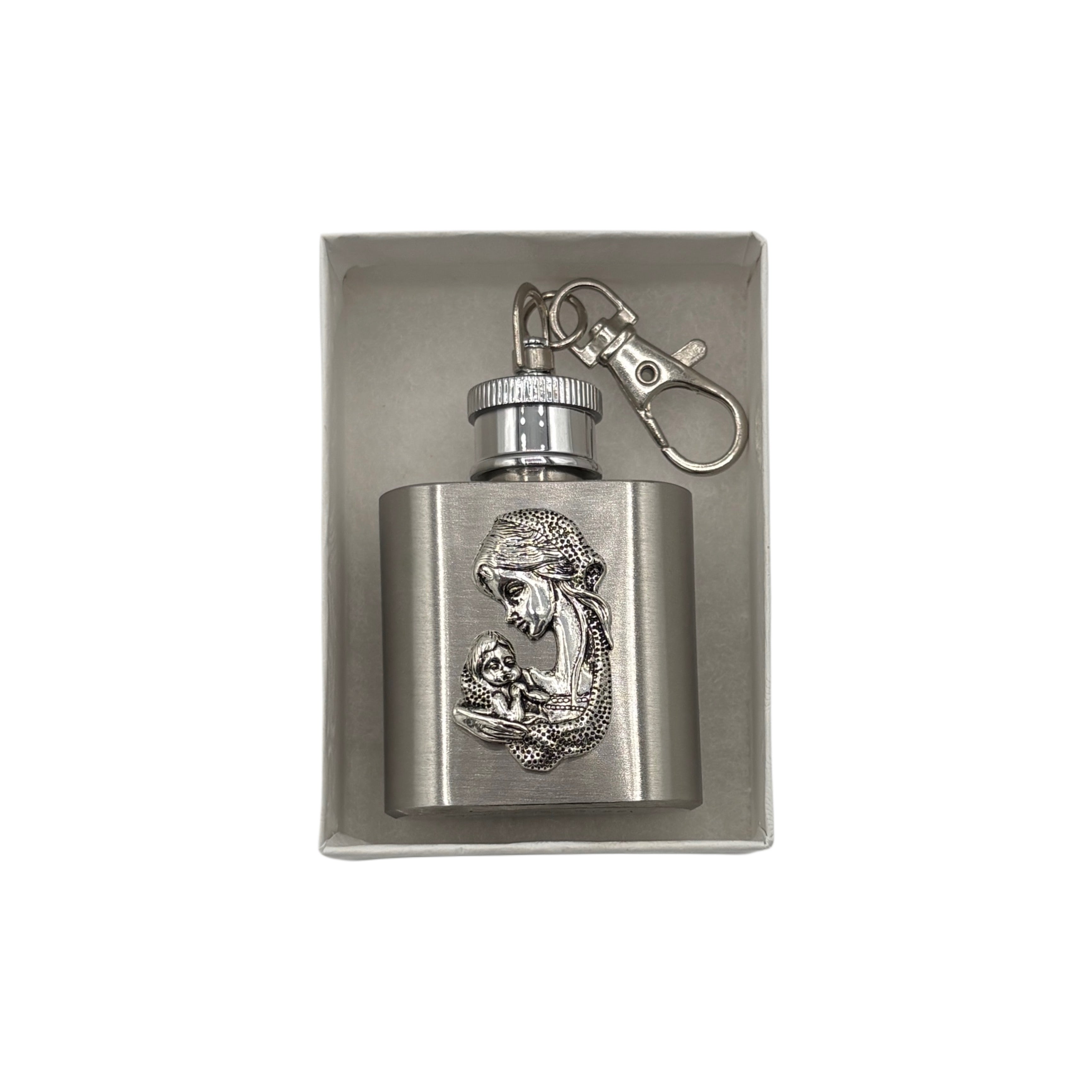 Madonna & Child Holy Water Flask SS w/ Keychain   1 oz