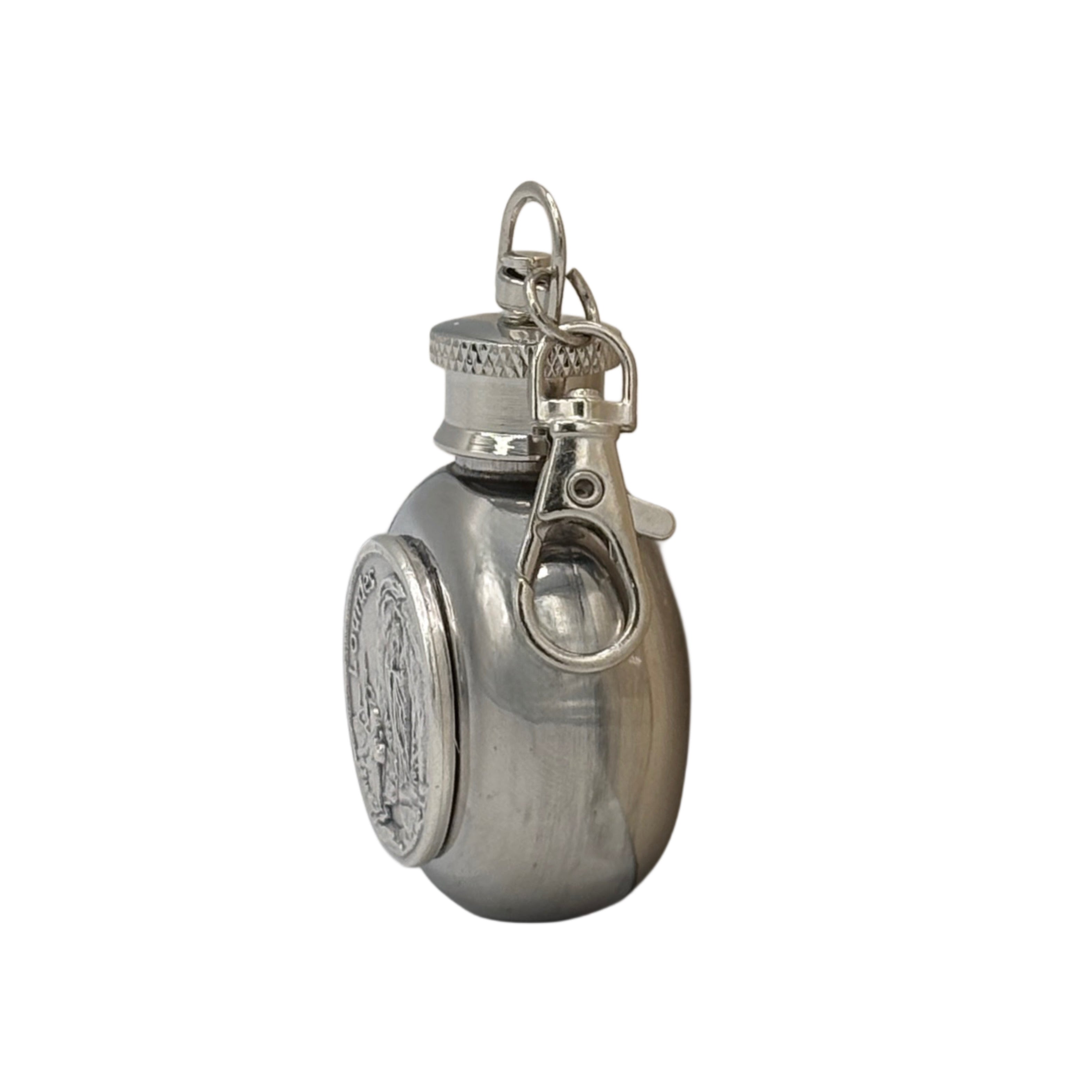 Lady of Lourdes Holy Water Flask SS Round w/ Keychain   1 oz