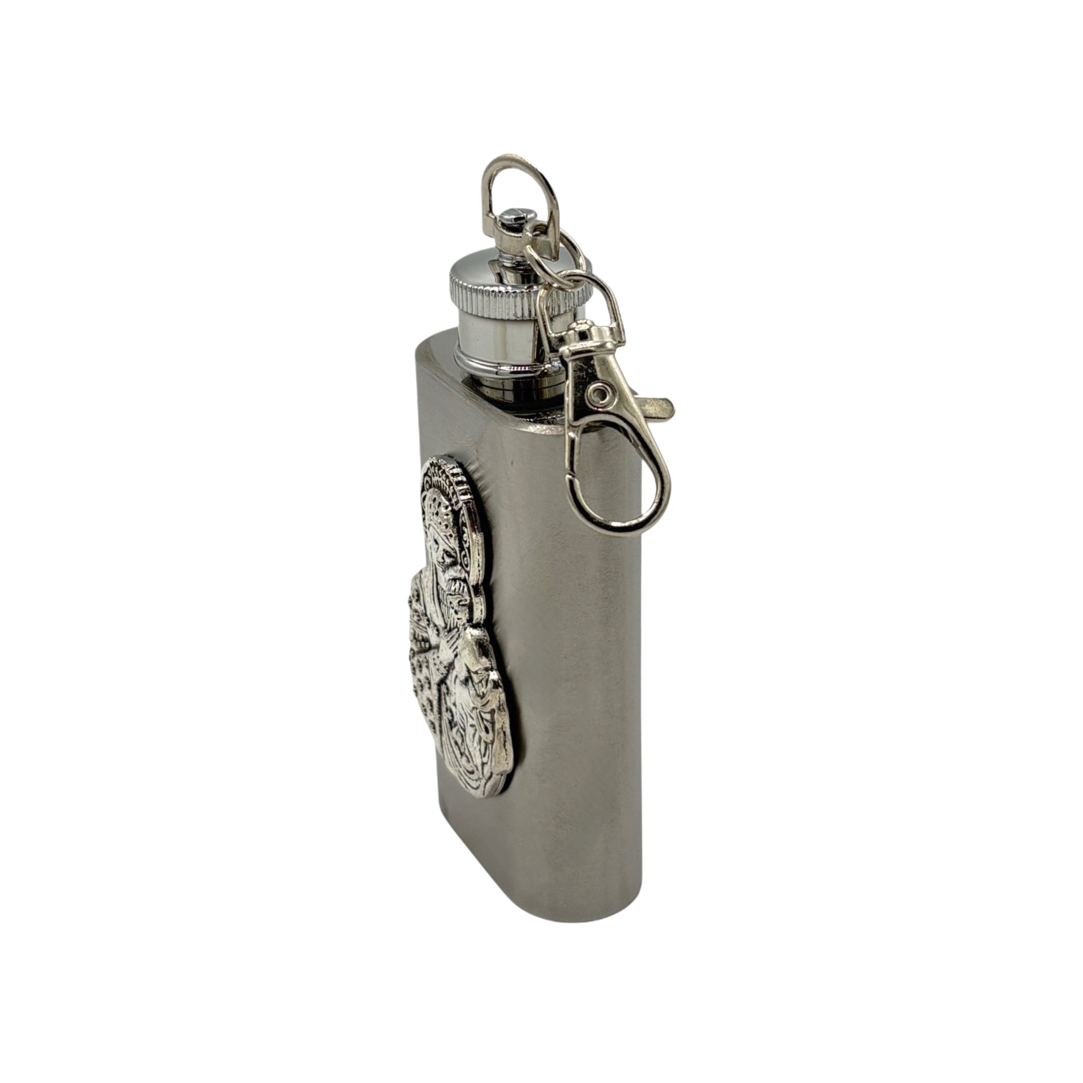 Madonna & Child Holy Water Flask SS Rectangle w/ Chain   2 oz