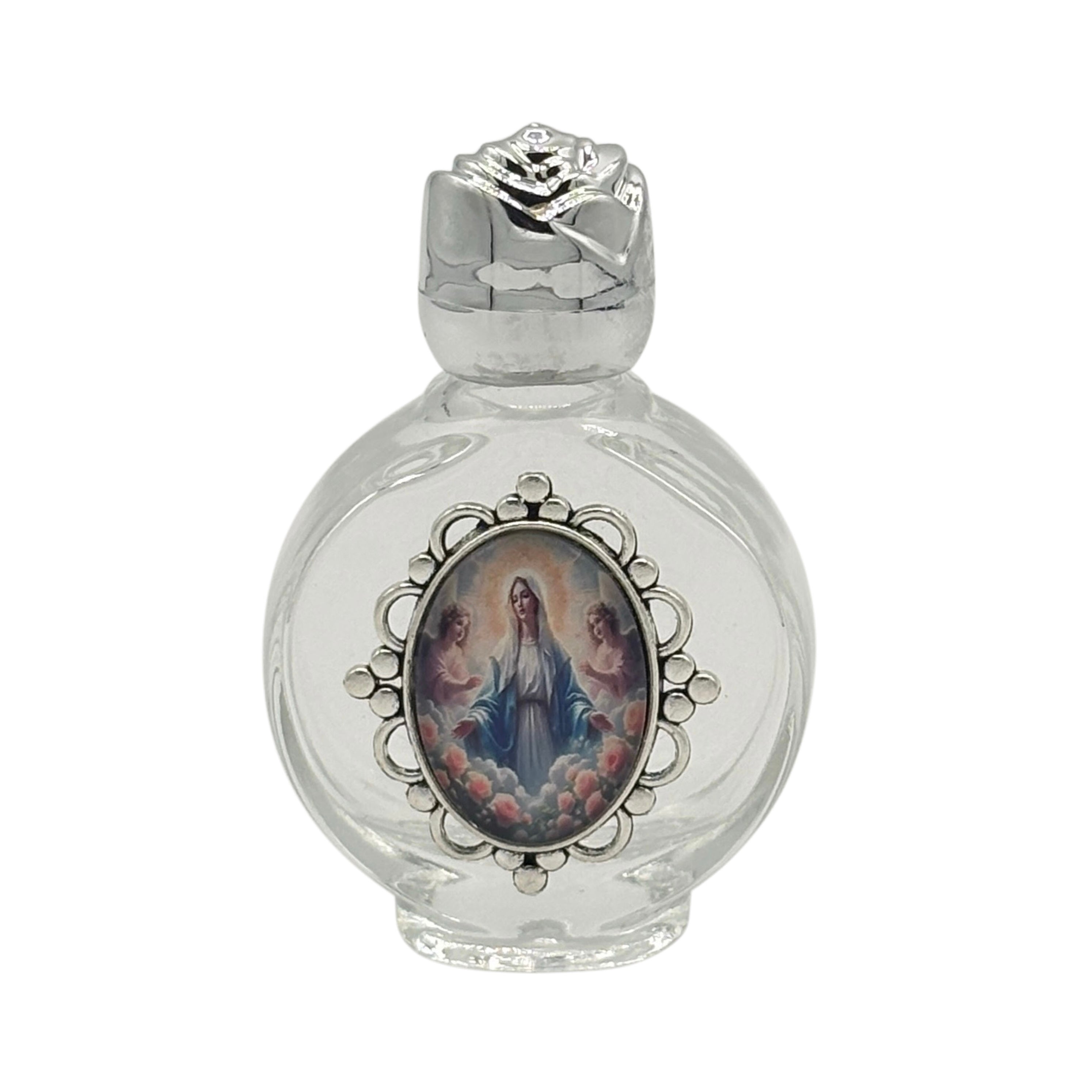Holy Water Bottle - Lady of Grace (Encased) w/ Rose Top 2.5"