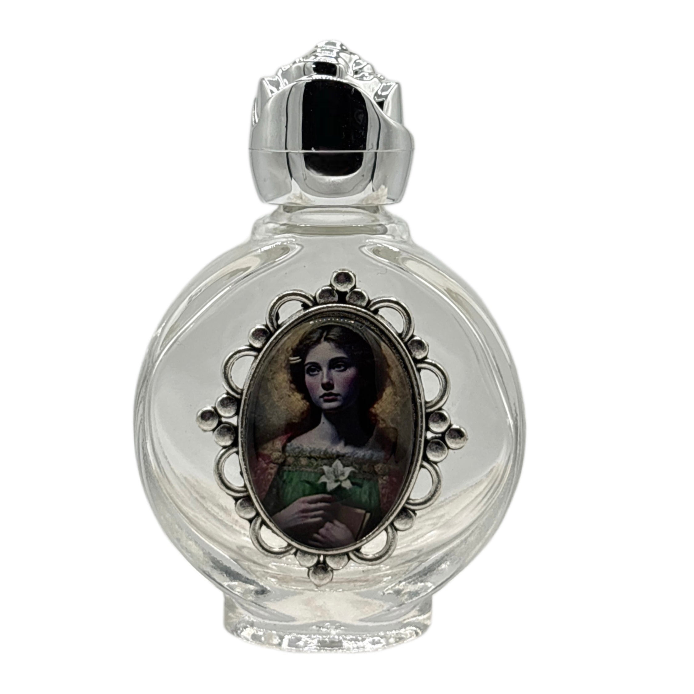 Holy Water Bottle - St. Dymphna Encased w/ Rose Top 2.5"