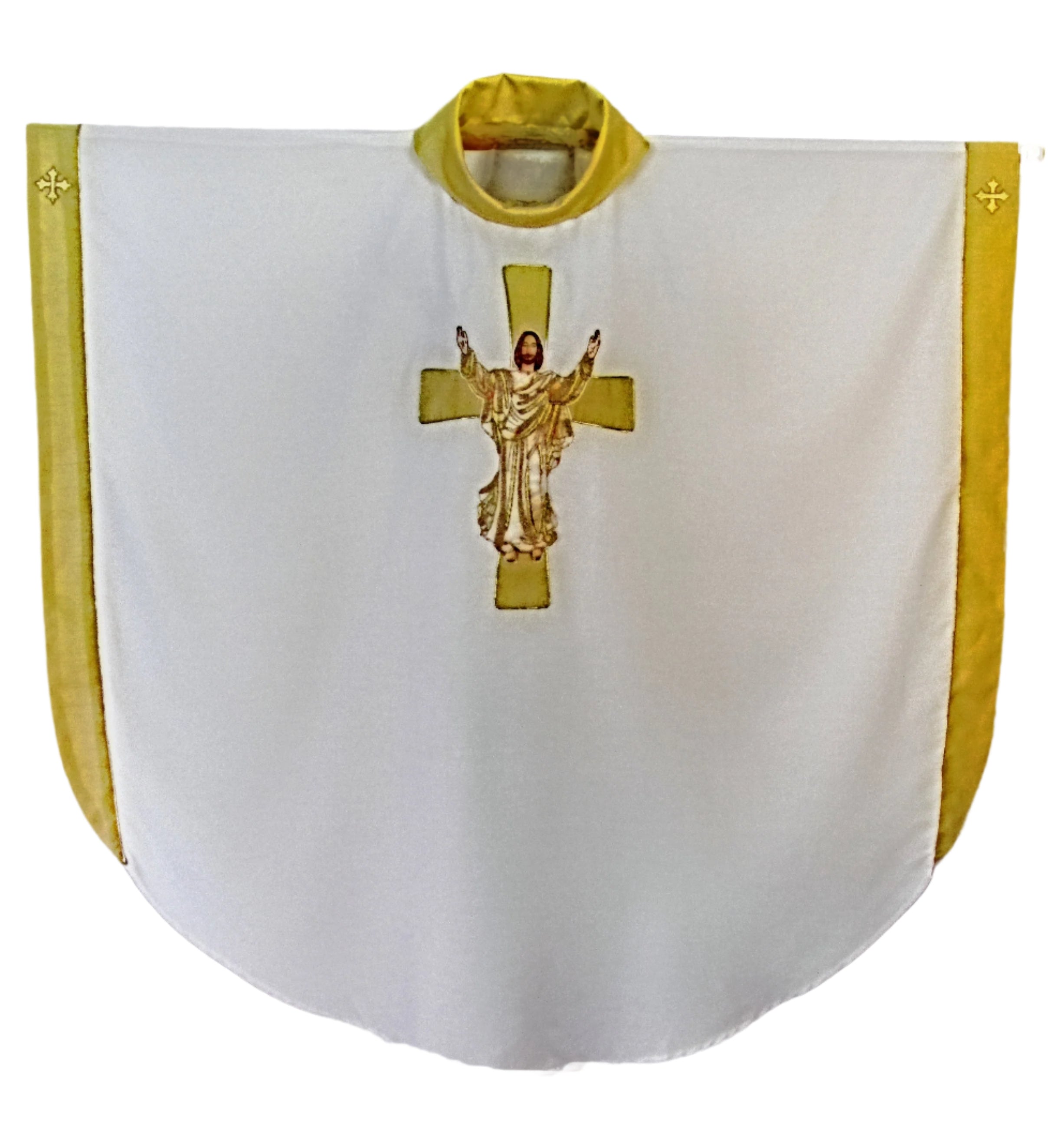 White liturgical vestment with gold trim and a gold colored central cross emblem with Jesus in the center of it, facing ahead with his head raised and his arms held high.