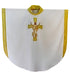 White liturgical vestment with gold trim and a gold colored central cross emblem with Jesus in the center of it, facing ahead with his head raised and his arms held high.