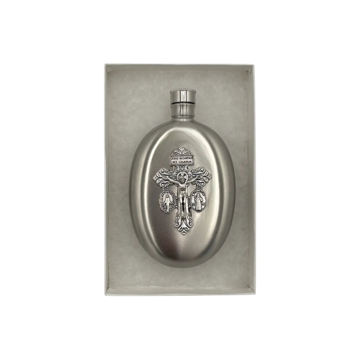 Indulgence Cross Holy Water Flask SS Oval   3 oz