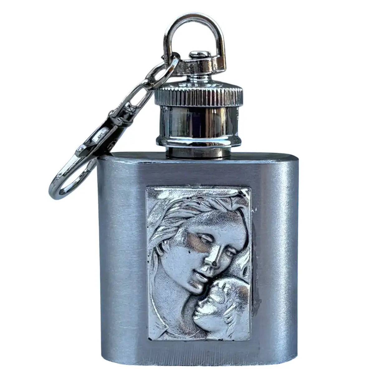 Madonna & Child Holy Water Flask SS w/ Keychain   1 oz