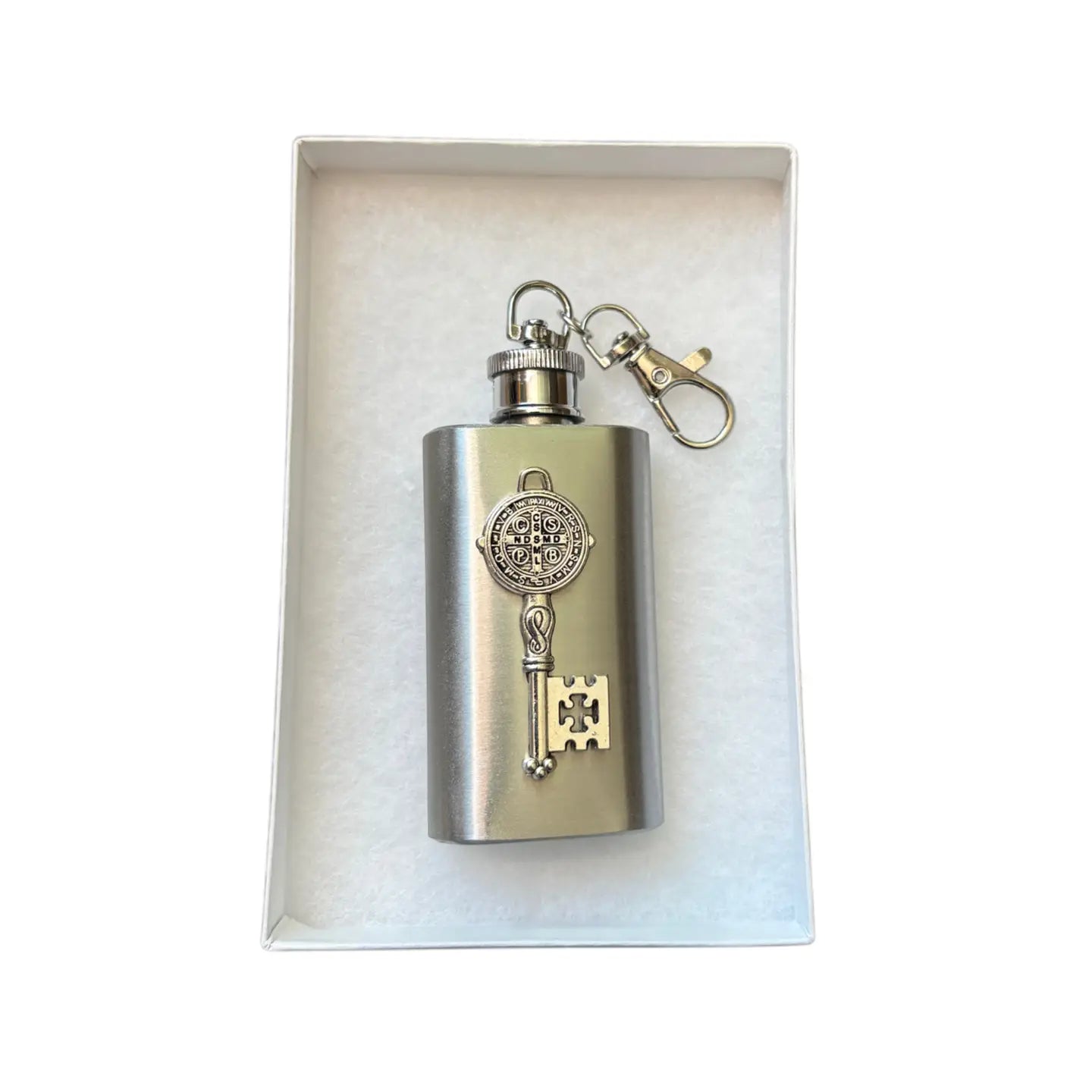 St. Benedict Key Holy Water Flask Rectangle SS w/ Chain 2 oz