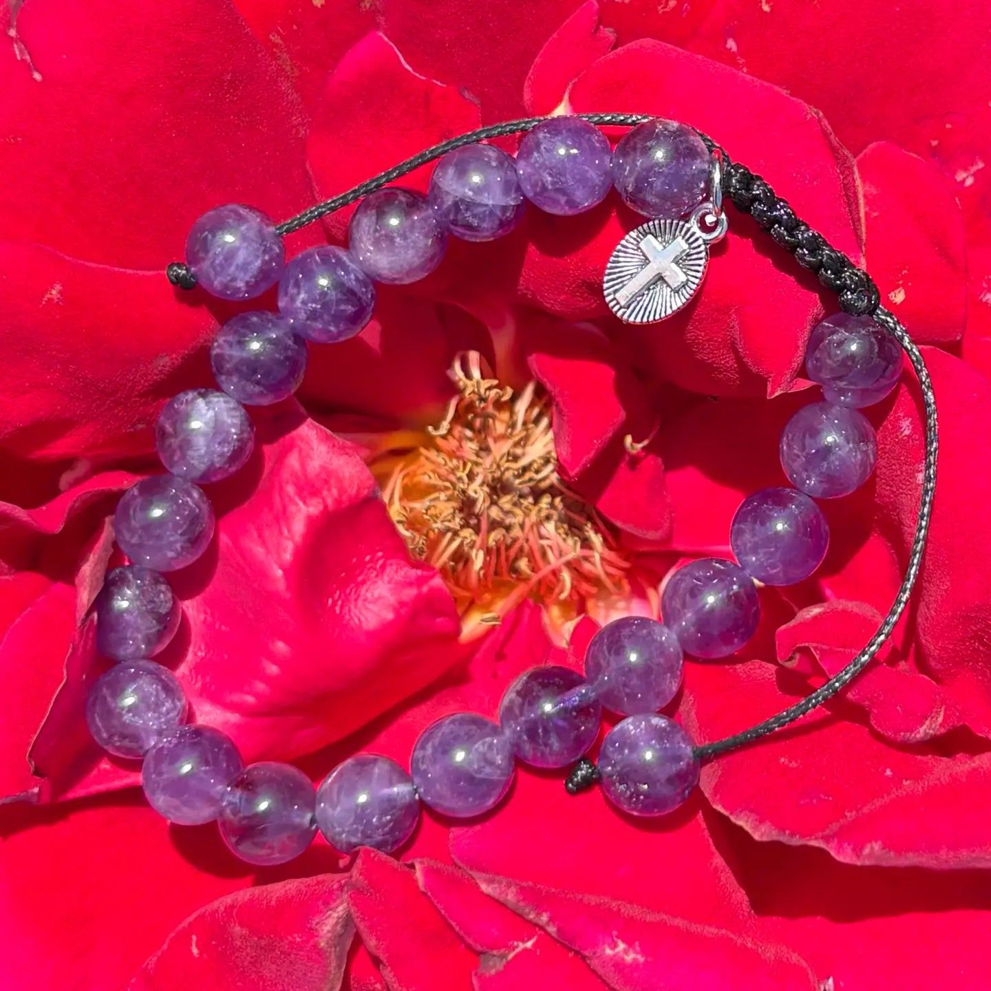 Gemstone - Genuine AMETHYST Bracelet w/ Cross Charm   7"