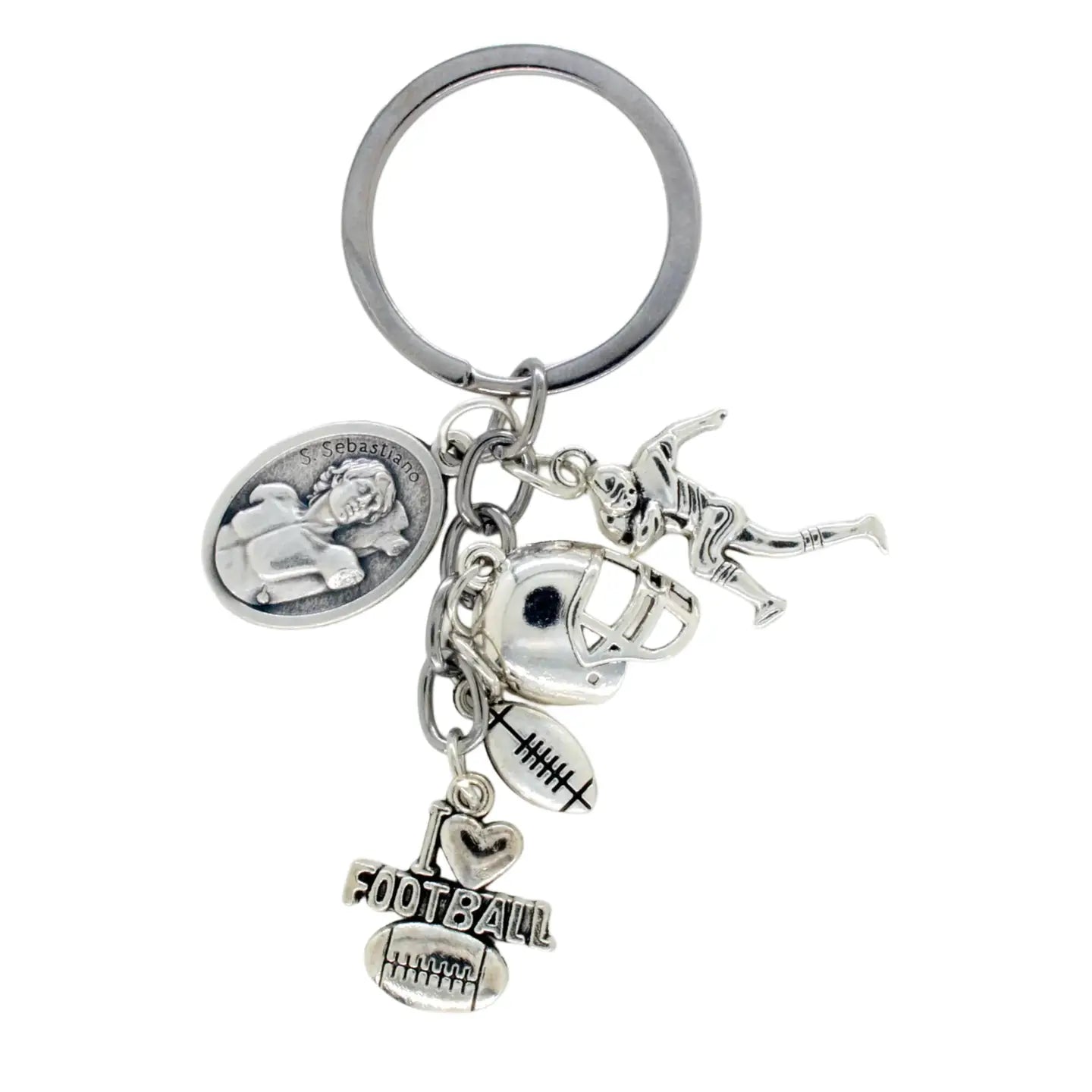 I LOVE Football Keychain w/ St. Sebastian Medal Charm   3"