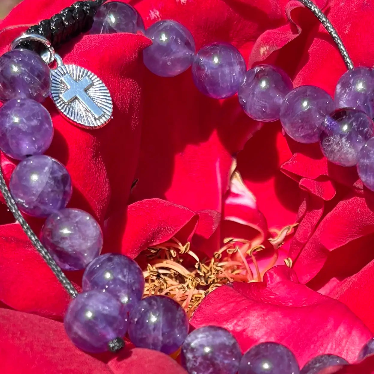 Gemstone - Genuine AMETHYST Bracelet w/ Cross Charm   7"