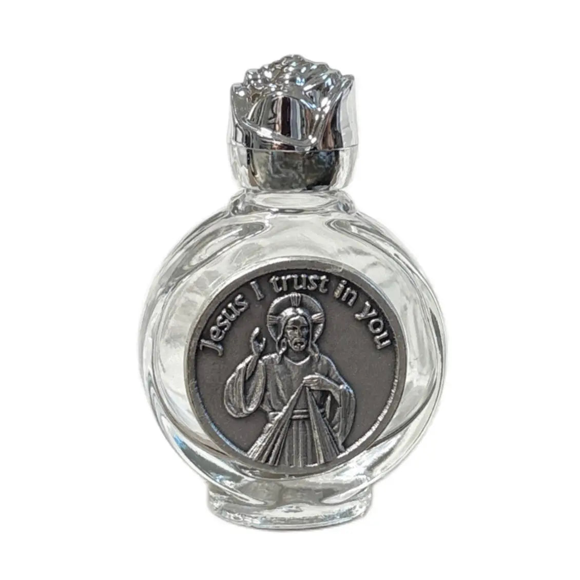 Holy Water Bottle - "Jesus I Trust in You" w/ Rose Top 2.5" 
