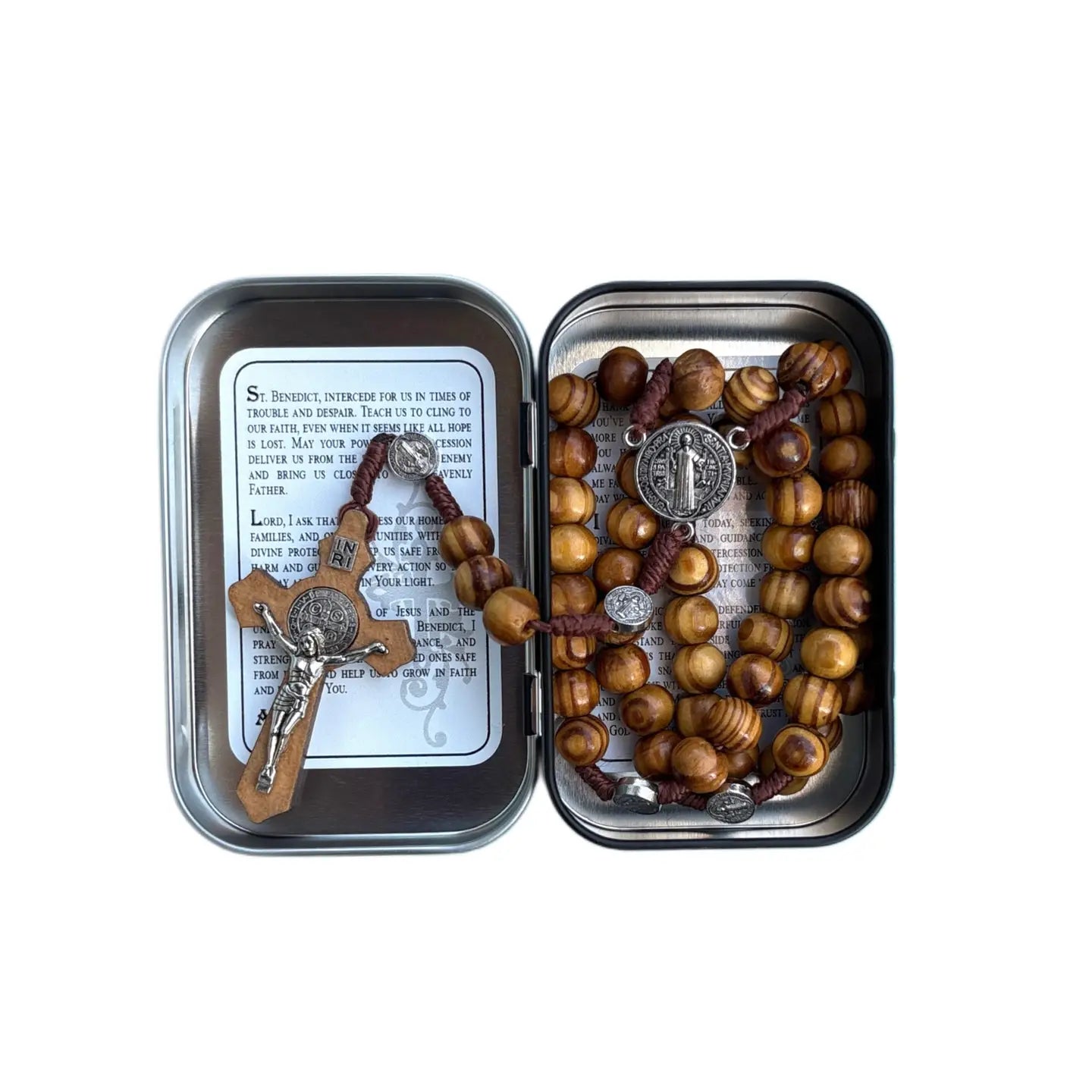 St. Benedict Wooden Rosary in Tin *NEW LOOK*