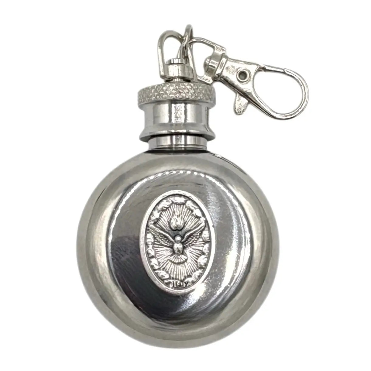 Holy Spirit Holy Water Flask Round SS w/ Keychain   1 oz