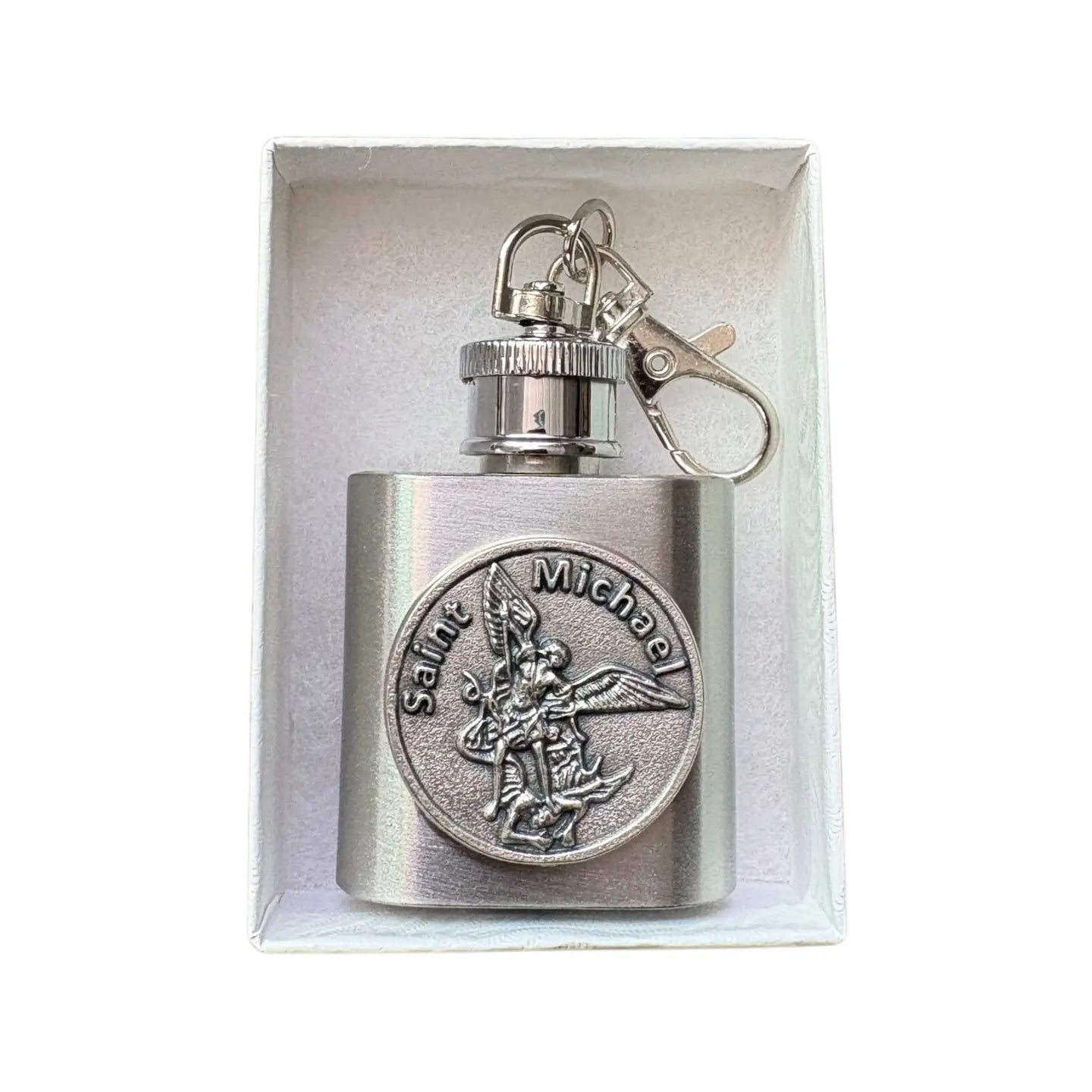 Saint Michael Token Holy Water Flask SS w/ Keychain   1 oz