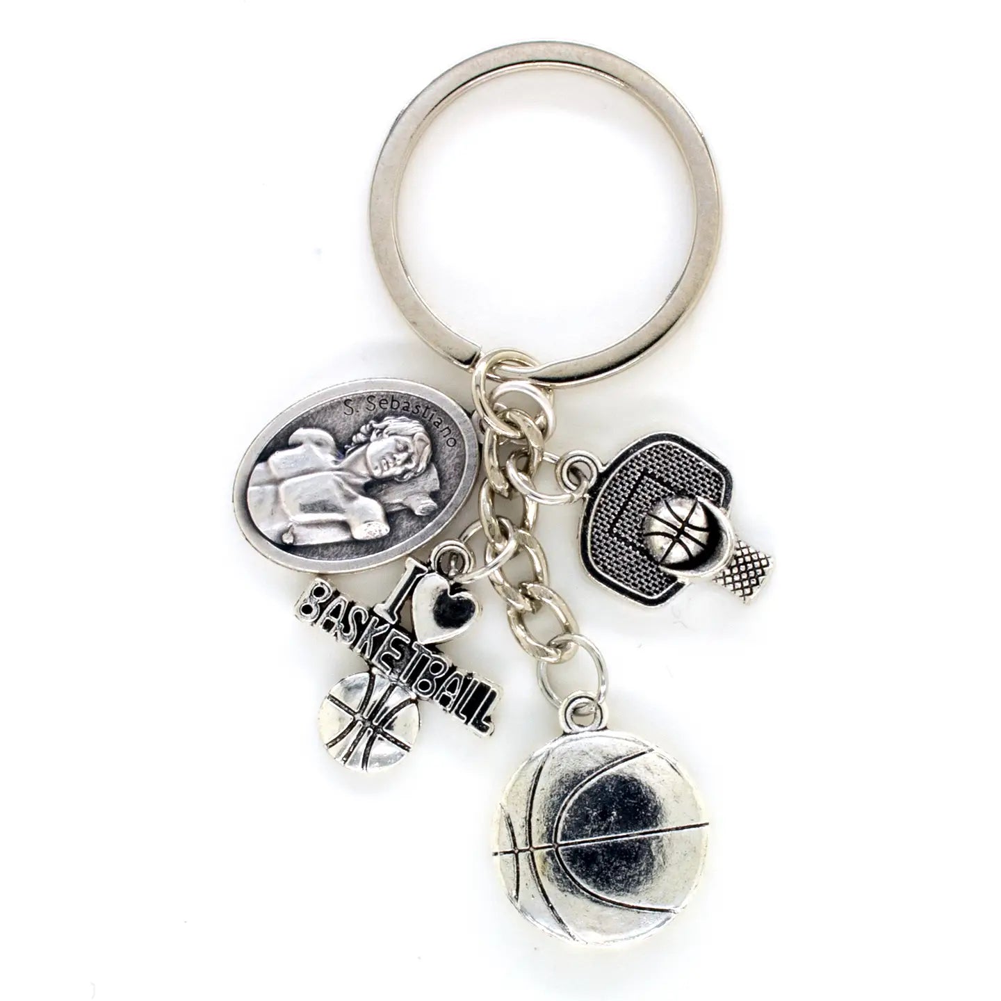 I LOVE Basketball Keychain w/ St. Sebastian Medal Charm   3"