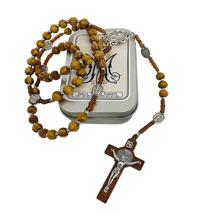 Mary Wooden Rosary in Tin