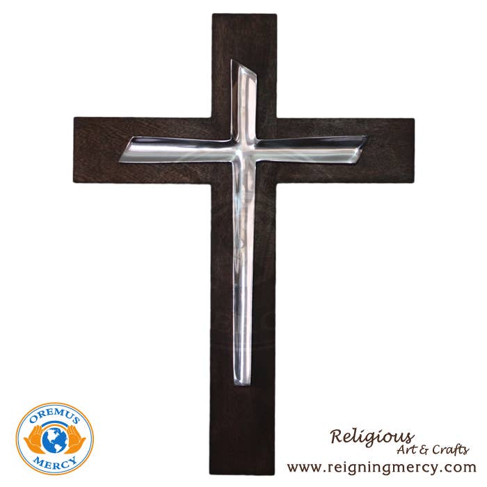 Pewter wall cross mounted on wood   (19.5" x 14")