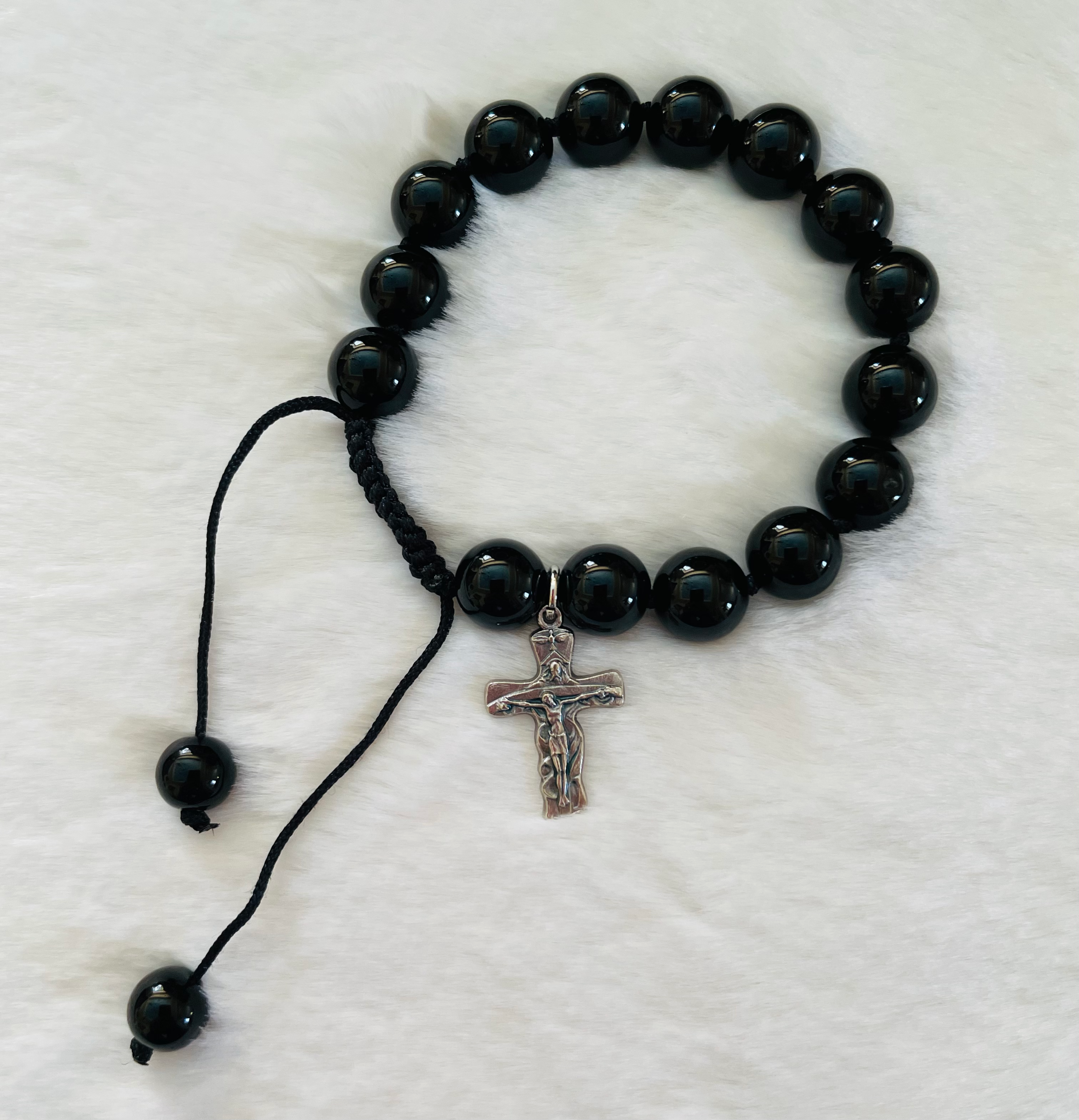 Genuine BLACK OBSIDIAN Gem Stones bracelet w/Cross Charm