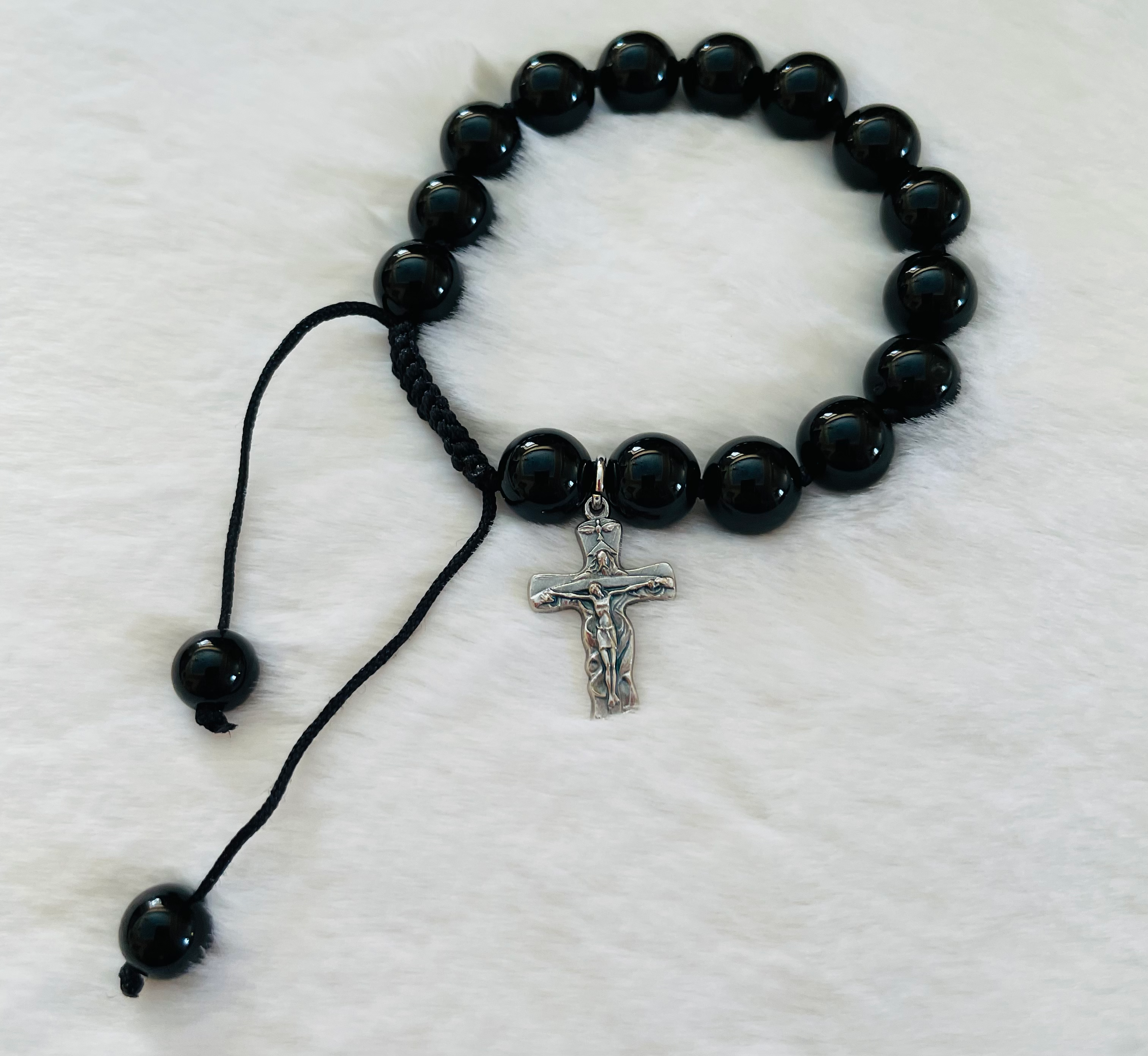 Genuine BLACK OBSIDIAN Gem Stones bracelet w/Cross Charm