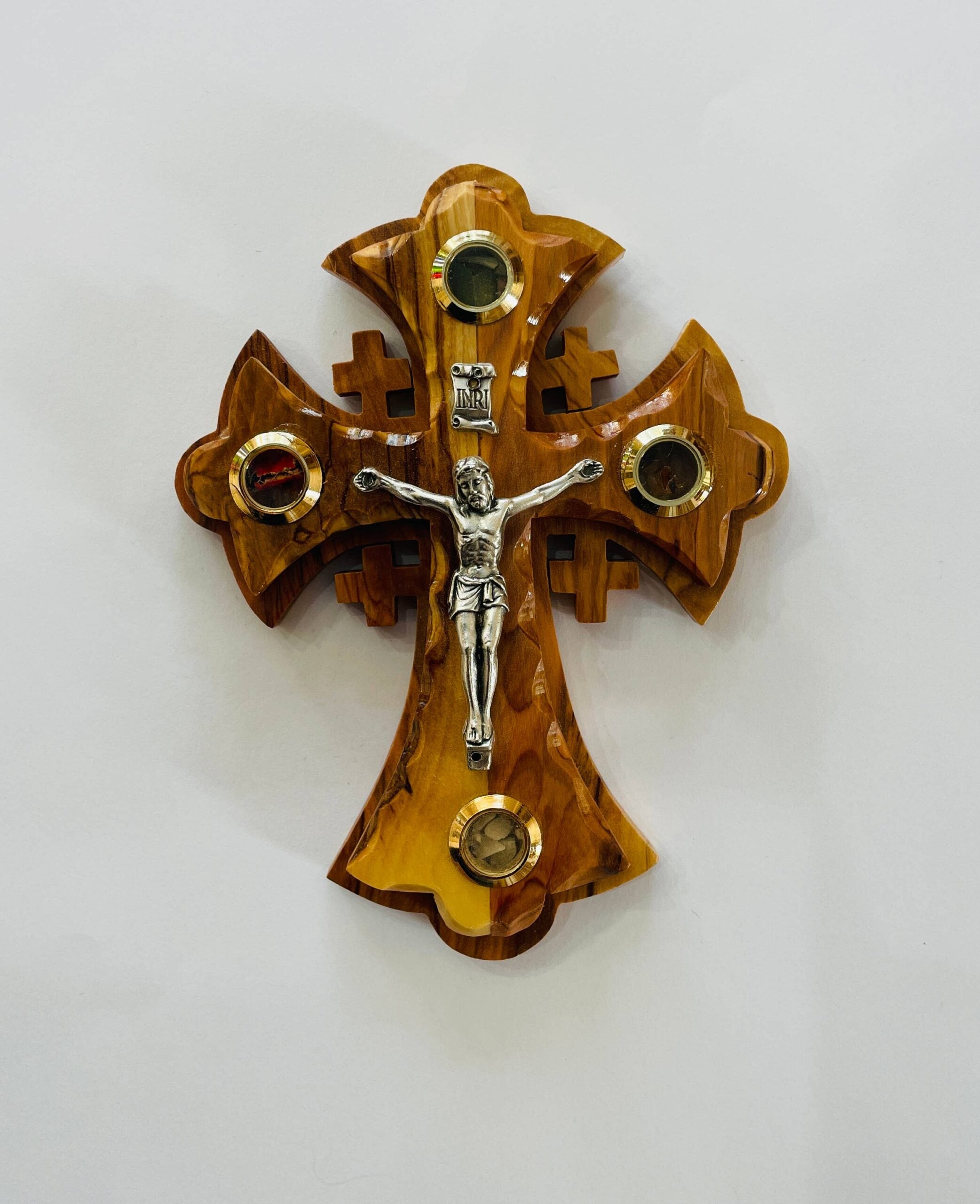 Olive Wood Crucifix Highlighting Holy Elements